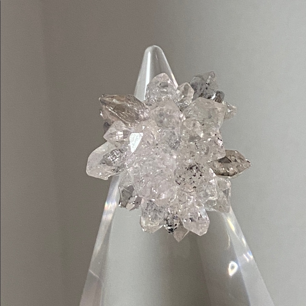 Herkimer Black & White Energy Healer Crystal Cluster Silver Statement Ring